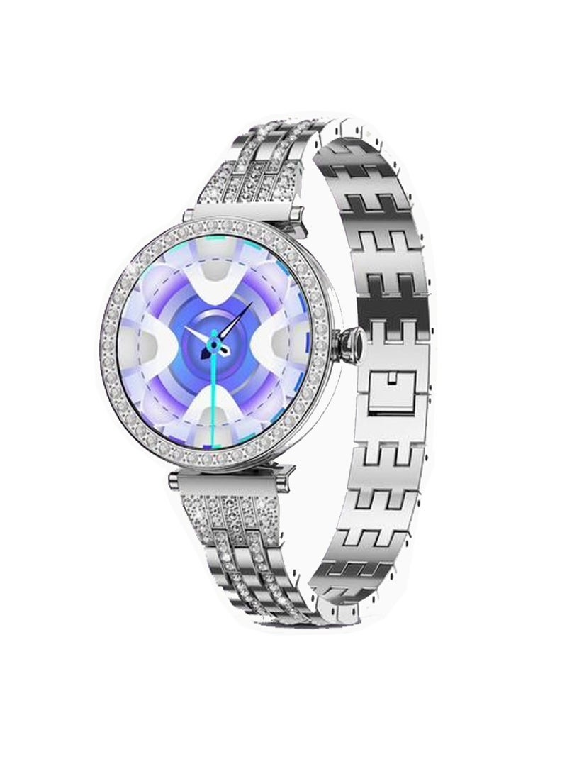 Gtab GT10 Diamond Edition Ladies Smart Watch 1.2 Inch Round Shape AMOLED Display With Fashion Bracelet 2  Pair Straps and Wireless Charger Silver