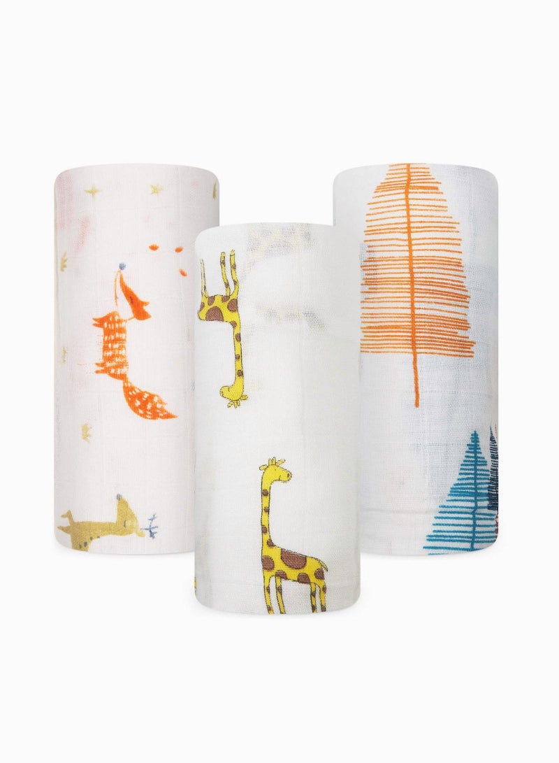 Baby Muslin Swaddle Blanket - Set of 3, Forest Fox Giraffe