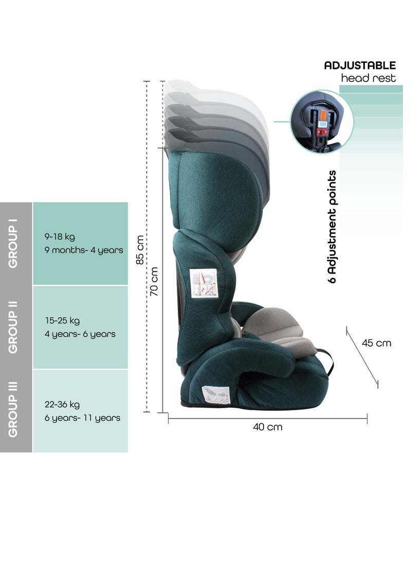 Tolo Kids Car Seat – Group 1/2/3 Forward-Facing Booster Seat (9m–11y), Secure Fit And Comfort Padding, Adjustable Headrest for Toddlers – Green