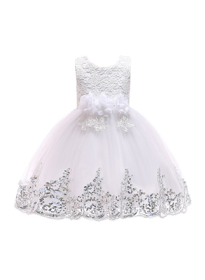 Hand-stitched Sequins Flower Mesh Dress White