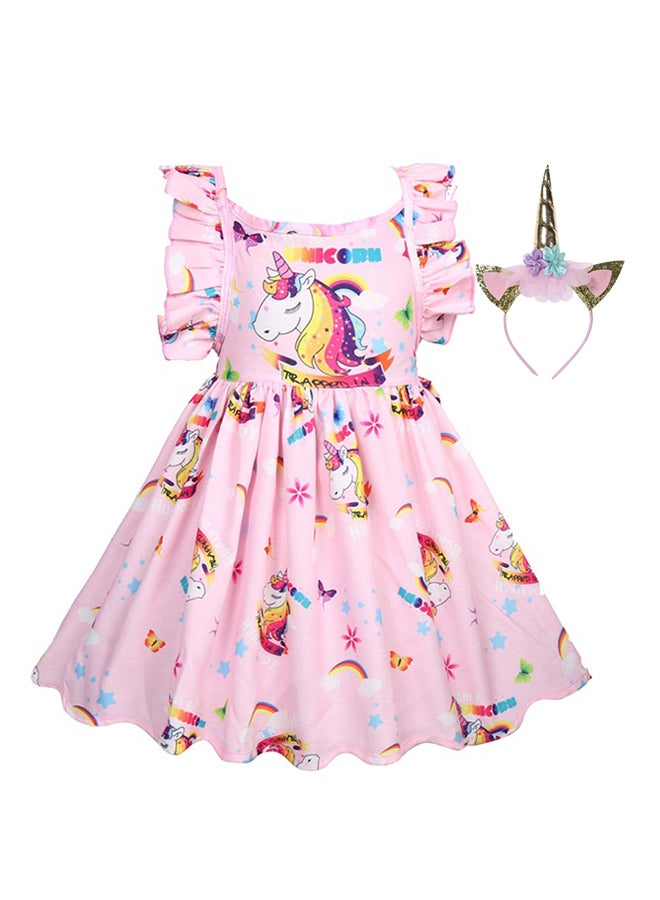 Unicorn Print Dress With Headband Pink