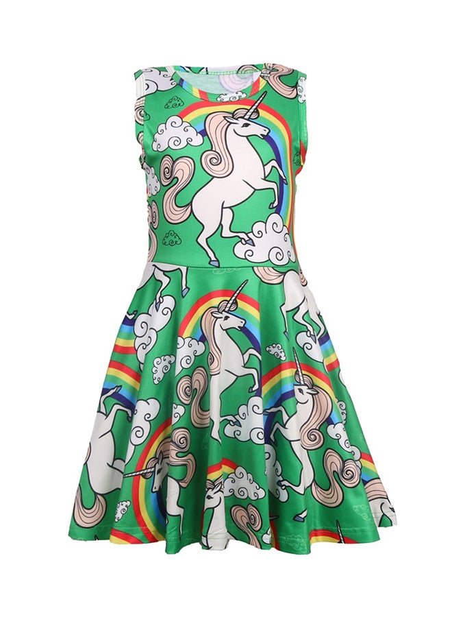 Unicorn Print Sleeveless Dress Green/White