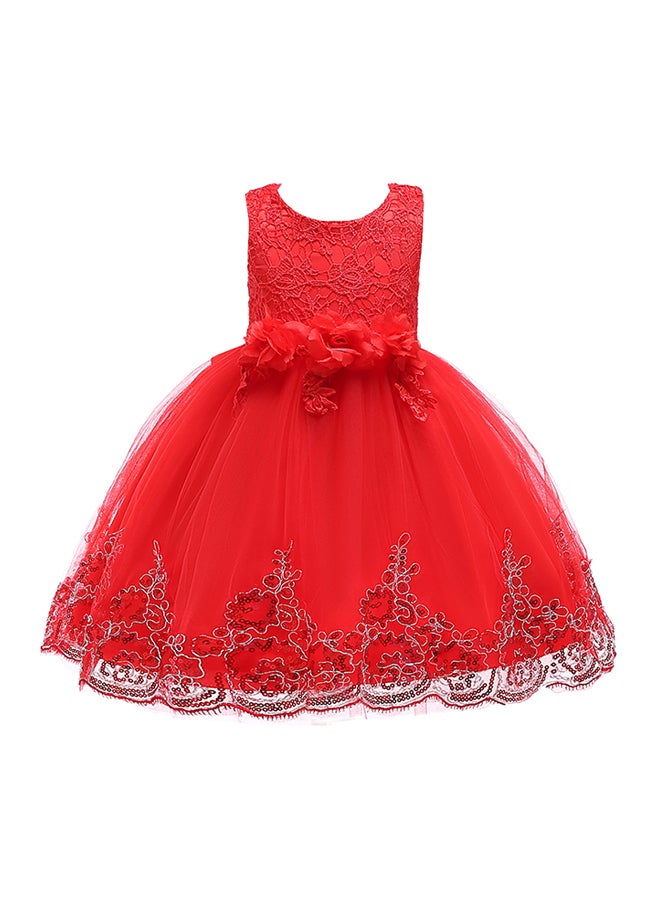 Hand-stitched Sequins Flower Mesh Dress Red