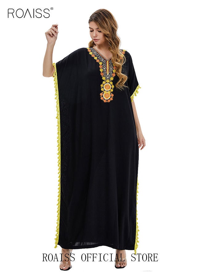 Women's T-Shirt Dress Long Robe Casual Traditional Ethnic Dress Loose Short Sleeve V Neck Batwing Sleeve Floral Printing Ladies Dresses for Spring Summer Daily Wear