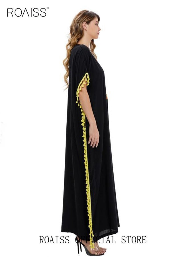 Women's T-Shirt Dress Long Robe Casual Traditional Ethnic Dress Loose Short Sleeve V Neck Batwing Sleeve Floral Printing Ladies Dresses for Spring Summer Daily Wear