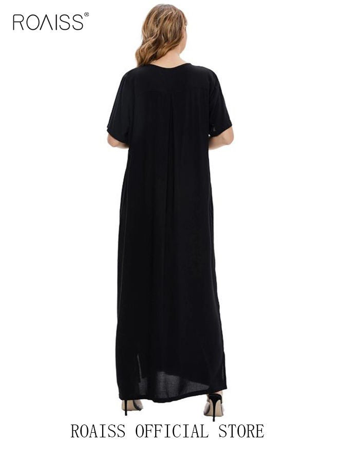 Women's T-Shirt Dress Long Robe Casual Traditional Ethnic Dress Loose Short Sleeve V Neck Batwing Sleeve Floral Printing Ladies Dresses for Spring Summer Daily Wear