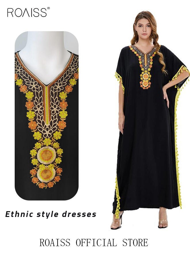 Women's T-Shirt Dress Long Robe Casual Traditional Ethnic Dress Loose Short Sleeve V Neck Batwing Sleeve Floral Printing Ladies Dresses for Spring Summer Daily Wear
