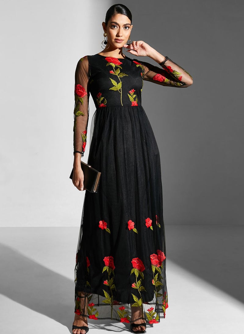 Floral Embroidered Mesh Detail Dress