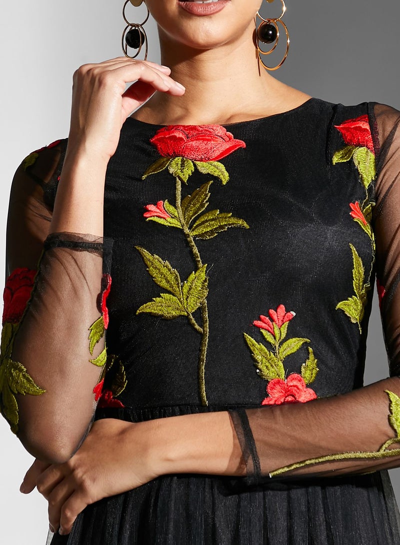 Floral Embroidered Mesh Detail Dress