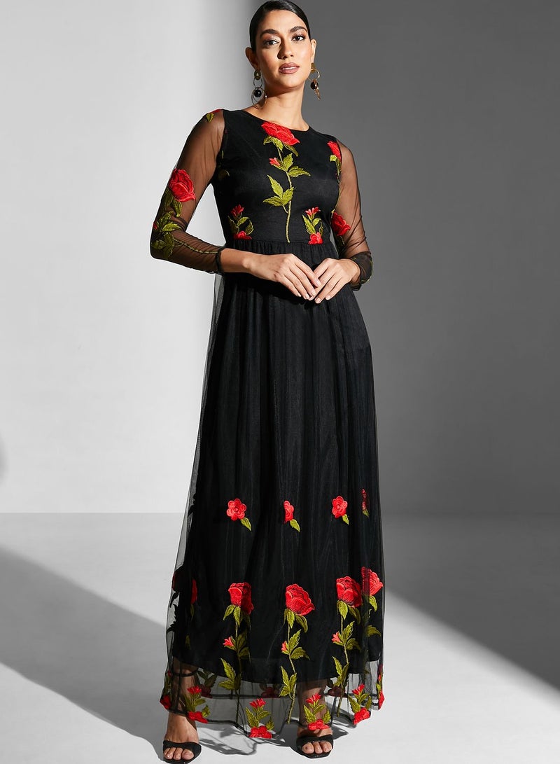 Floral Embroidered Mesh Detail Dress