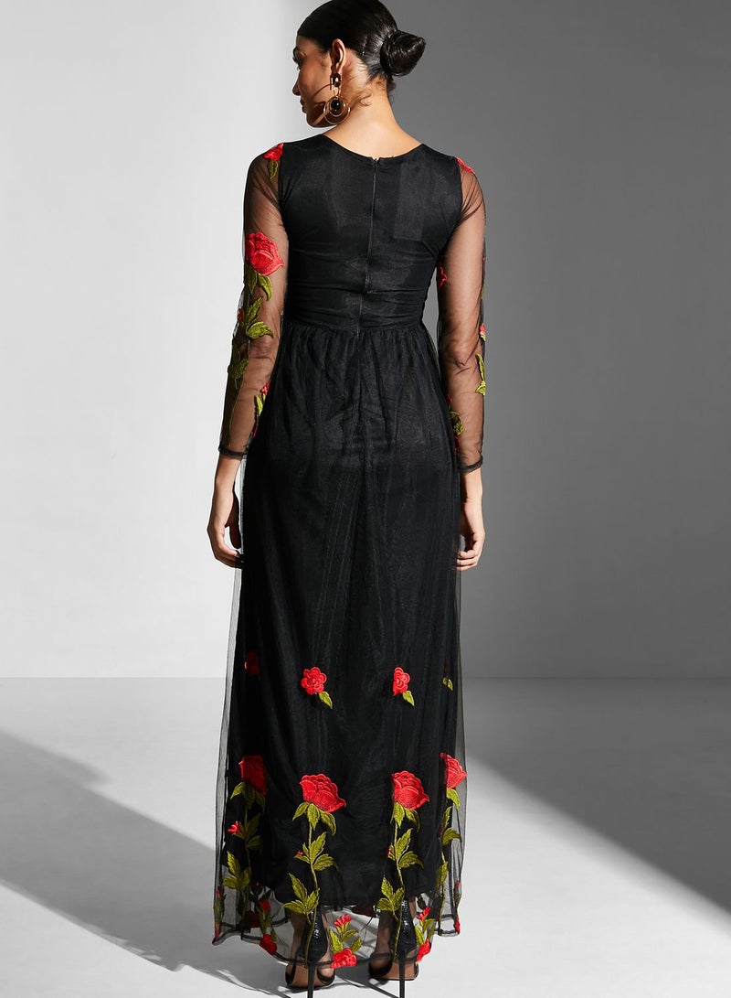 Floral Embroidered Mesh Detail Dress