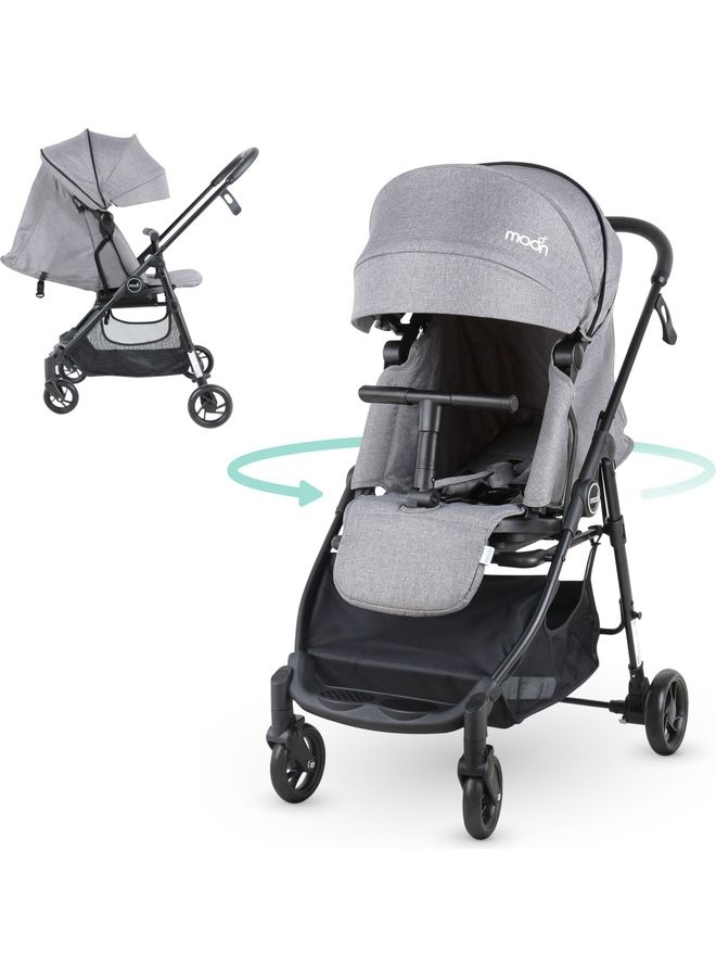 Revo 360° Rotating Baby Stroller – Foldable Pushchair with Storage Basket, Lightweight, Compact, Suitable Newborns And Toddlers – Grey