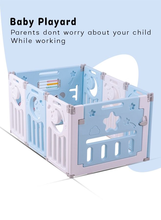 Baby Playard Playpen For Kids Smart Folding Portable Child Play Gate Fence For Kids With Safety Lock Suction Cup Indoor Outdoor Upto 3 Yrs 6 Panels + 2 Gates Blue
