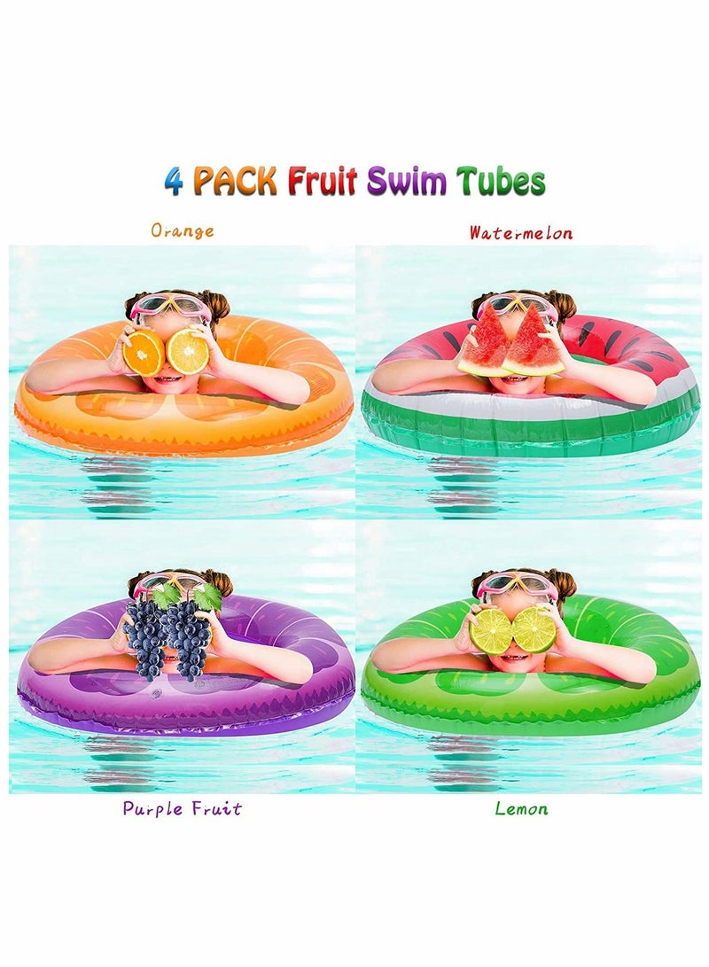 Inflatable Pool Floats Fruit Swim Tubes Rings, 32.5” Swim Rings Pool Floats Toys for Adults and Kids Beach Swimming Pool Toys - 4 Pack