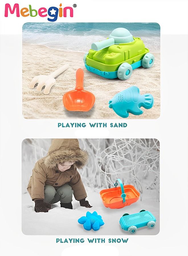 5PCS Beach Toy Set with Sea Animals Molds and Tank-shaped Cart, Fun Beach Sand Toys, Summer Outdoor Beach Game, Perfect Summer Outdoor Gift