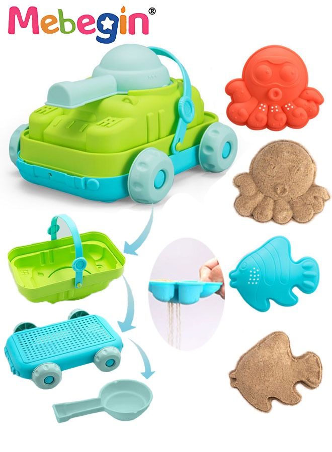 5PCS Beach Toy Set with Sea Animals Molds and Tank-shaped Cart, Fun Beach Sand Toys, Summer Outdoor Beach Game, Perfect Summer Outdoor Gift