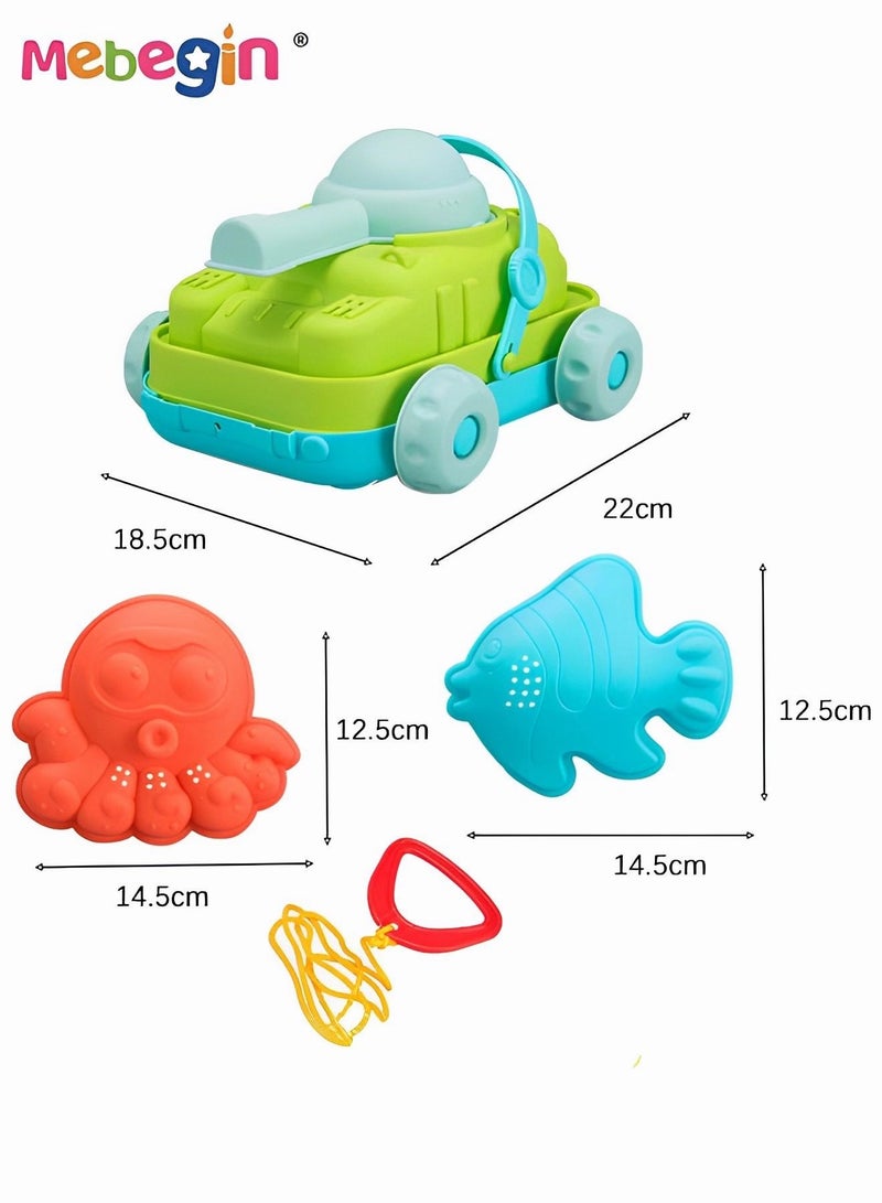 5PCS Beach Toy Set with Sea Animals Molds and Tank-shaped Cart, Fun Beach Sand Toys, Summer Outdoor Beach Game, Perfect Summer Outdoor Gift