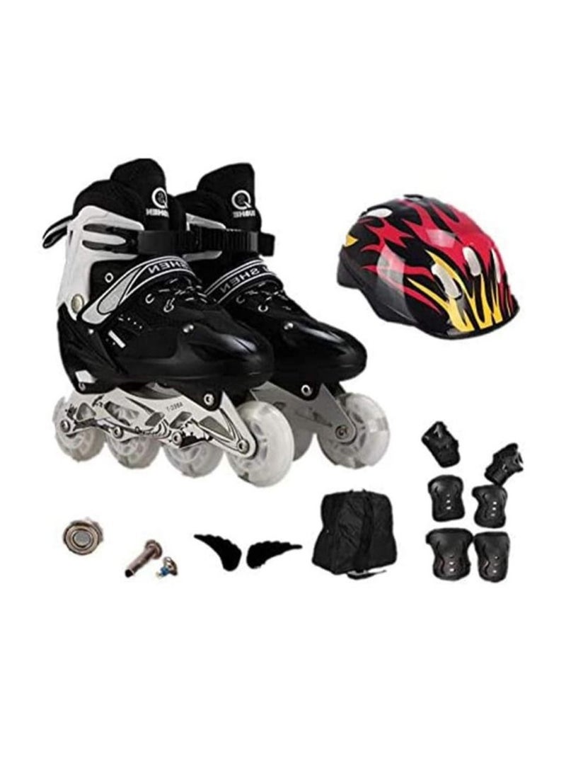 Full Flashing Roller Skate Shoes Adjustable Roller Skate With Protective Suit For Kids Girls & Boys Size 32-37 Black