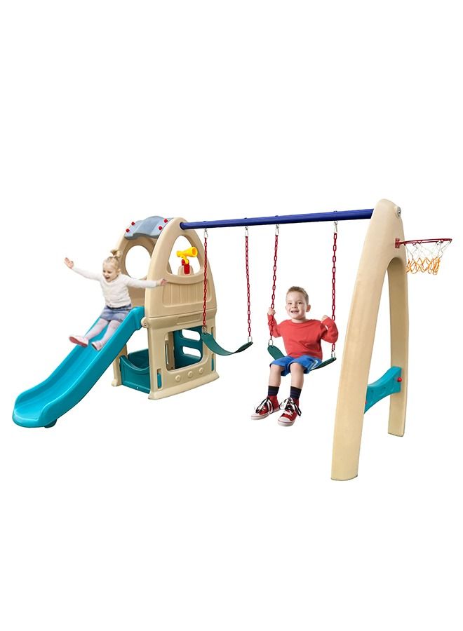 Multi-function Indoor Plastic Equipment For Toddler Swing Slide Set With Basketball Hoop