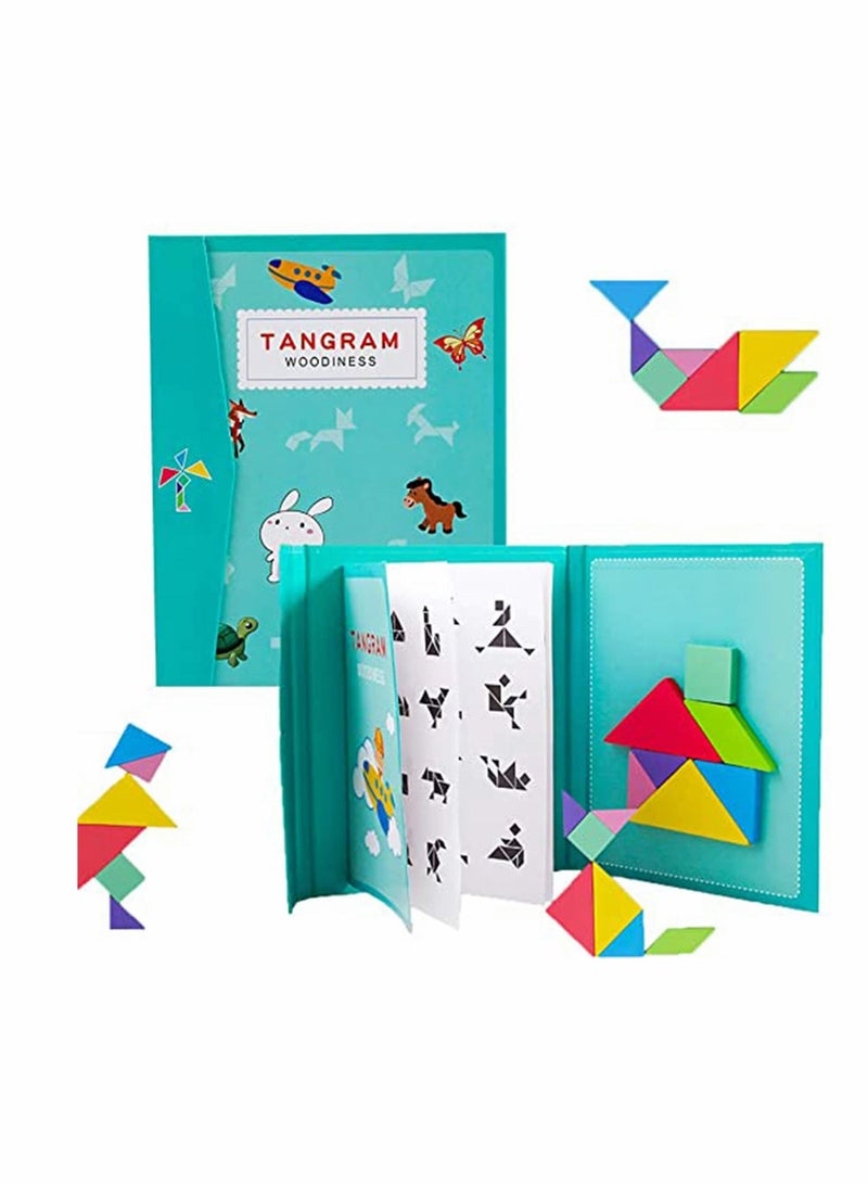 Tangram Magnetic Puzzle, Wooden Pattern Puzzle Book Game for Kids, IQ Educational and Early Development Tangram, Jigsaw Shapes Dissection with Solution Questions, Travel Games