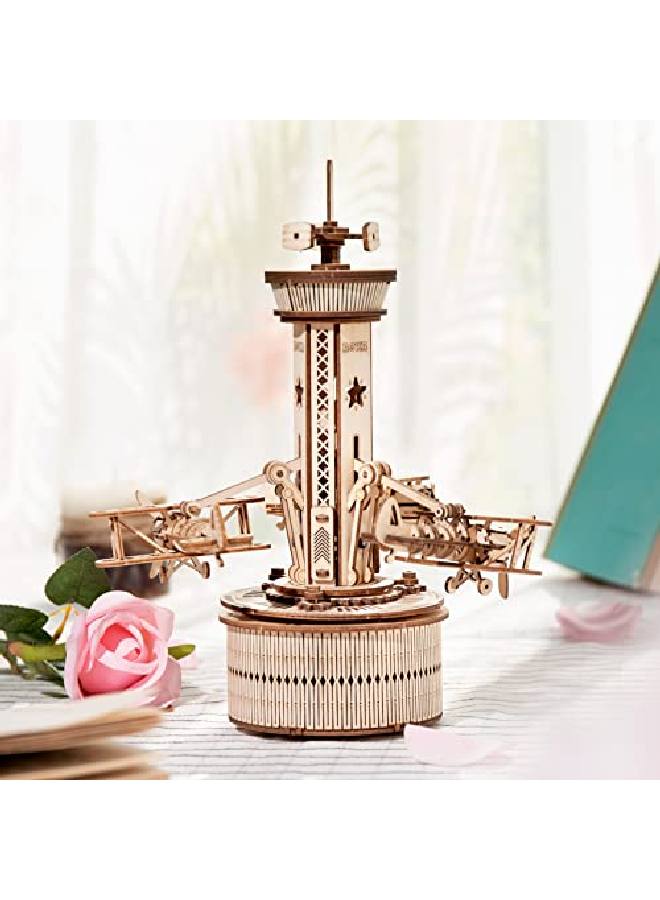 3D Wooden Puzzles Music Box For Adult To Build Diy Model Craft Kits Mechanical Airplanecontrol Tower Gift For Friends And Family