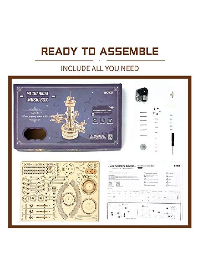 3D Wooden Puzzles Music Box For Adult To Build Diy Model Craft Kits Mechanical Airplanecontrol Tower Gift For Friends And Family
