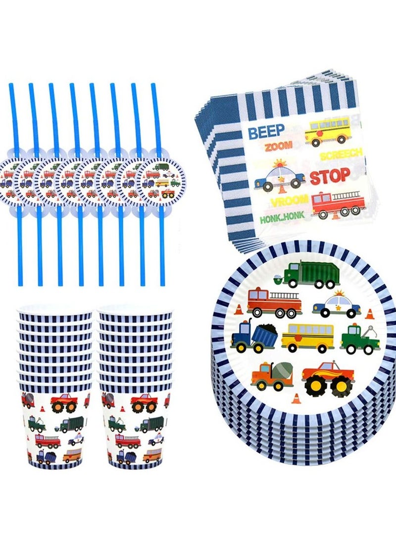 50pcs in 1 Set Engineering Vehicle Theme Disposable Tableware, KASTWAVE Paper Cup Plates Dinnerware Set Car Printing Napkins Straw Set Baby Boy Birthday Party Supplies Party Supply