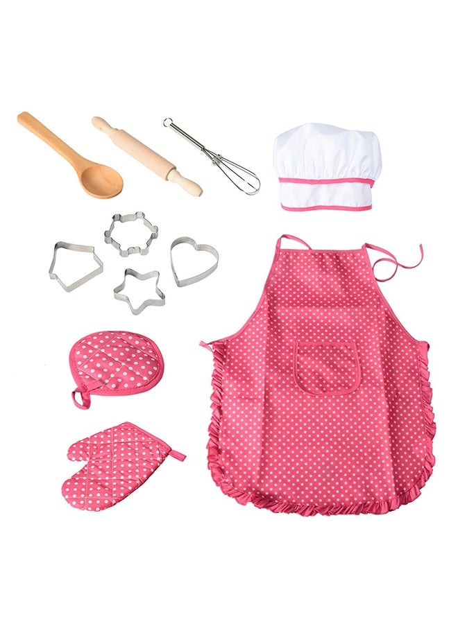 11-Piece Polka Dot Kids Kitchen Cooking Play With Apron And Chef Hat Set 40x38x2cm