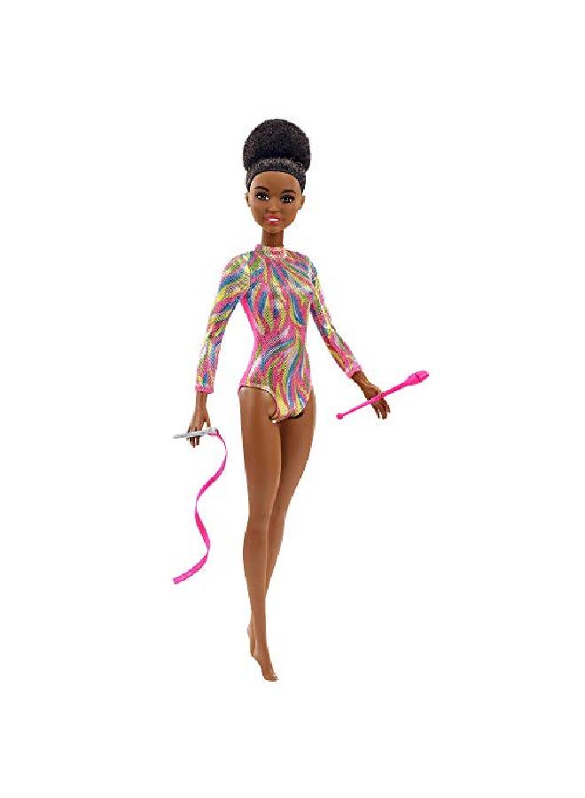 Barbie Rhythmic Gymnast Brunette Doll (12In) With Colorful Metallic Leotard, 2 Clubs & Ribbon Accessory, Great Gift For Ages 3 Years Old & Up