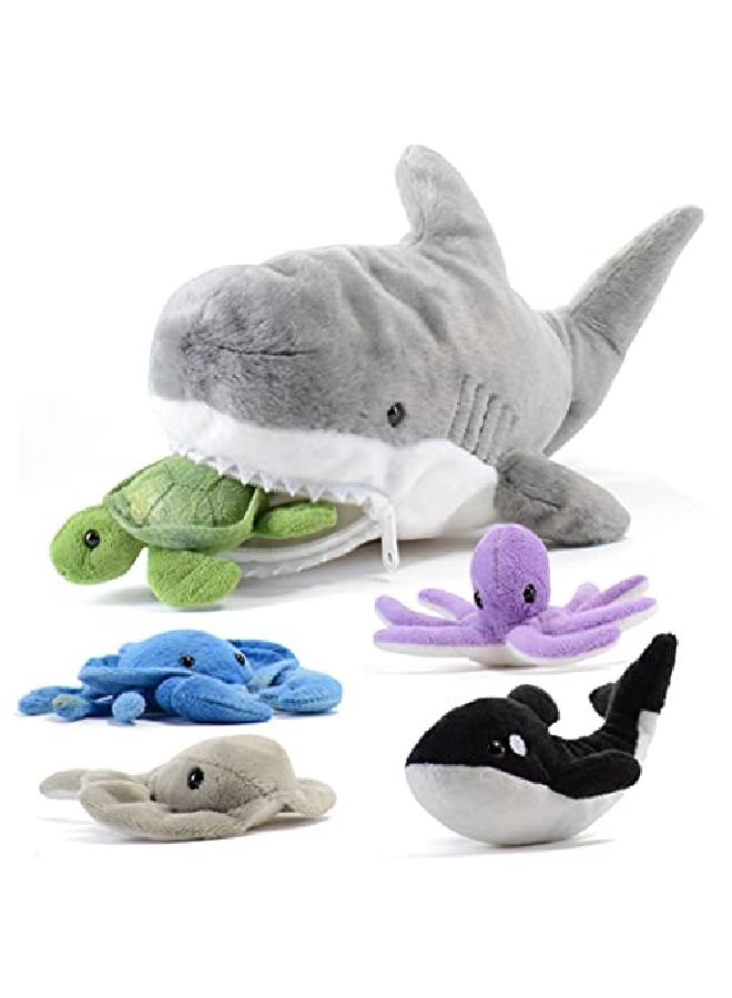 15Inch Plush Shark Stuffed Animal With 5 Piece Soft Stuffed Sea Animals Includes Stuffed Octopus Crab Turtle Stingray And Blue Whale