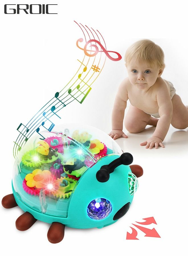 Crawling Toy, Light Up Transparent Toy Electric Gear Beetle, Educational Early Learning Music and Flashing LED Beetle with Colorful Moving Gears, Universal Walking to Avoid Obstacles