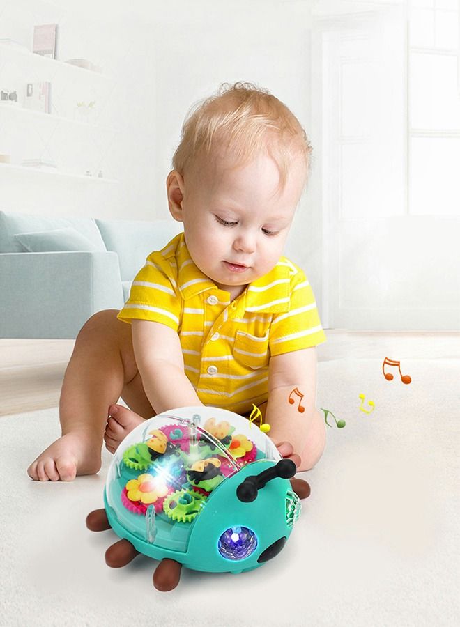 Crawling Toy, Light Up Transparent Toy Electric Gear Beetle, Educational Early Learning Music and Flashing LED Beetle with Colorful Moving Gears, Universal Walking to Avoid Obstacles