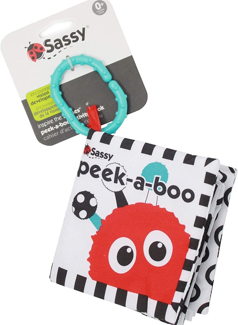 Sassy Peek-a-Boo Activity Book with Attachable Link for On-The-Go Travel | Black & White | for Ages Newborn and Up