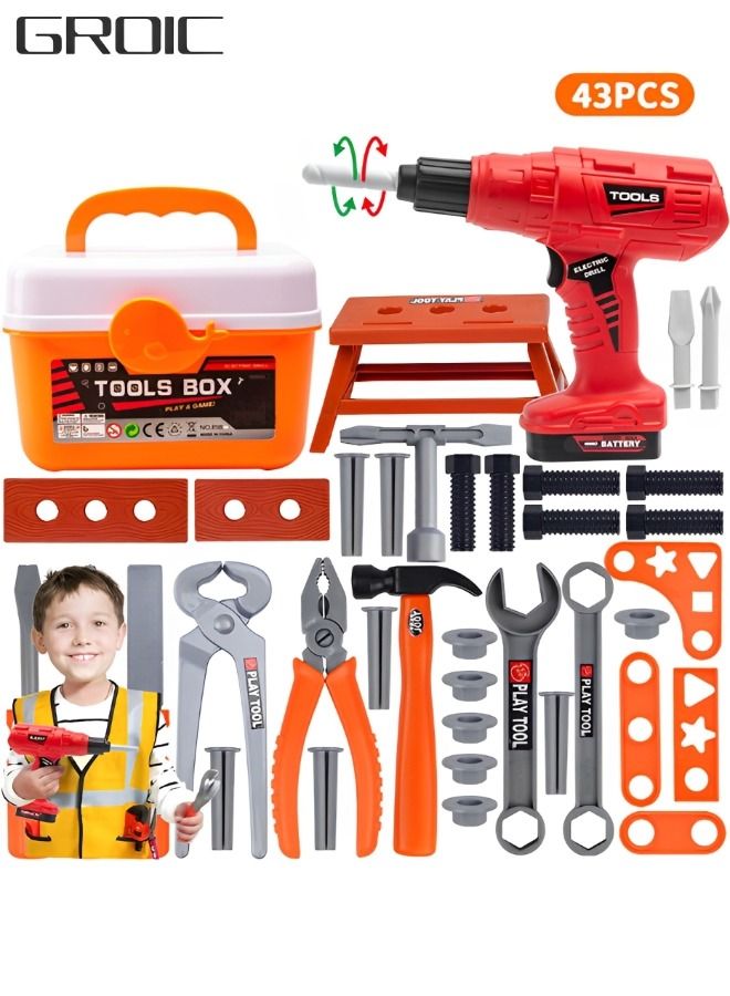 43PCS Kids Tool Set with Electric Power Drill & Construction Worker Costume Durable Pretend Play Tool Toys Construction Toy Kit Playset Accessories for Girls Boys Gift