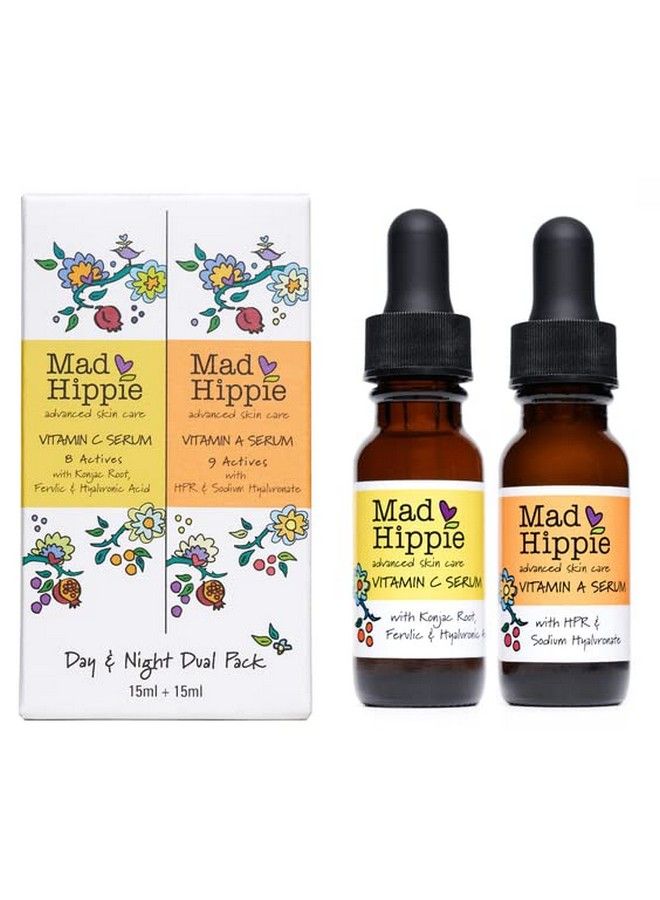 Skin Care Set Day & Night Dual Pack Includes 1 Vitamin C Serum With Vitamin E & 1 Vitamin A Serum With Hpr & Aloe Natural Vegan Active Ingredients Travel Size 0.5 Fl Oz Ea