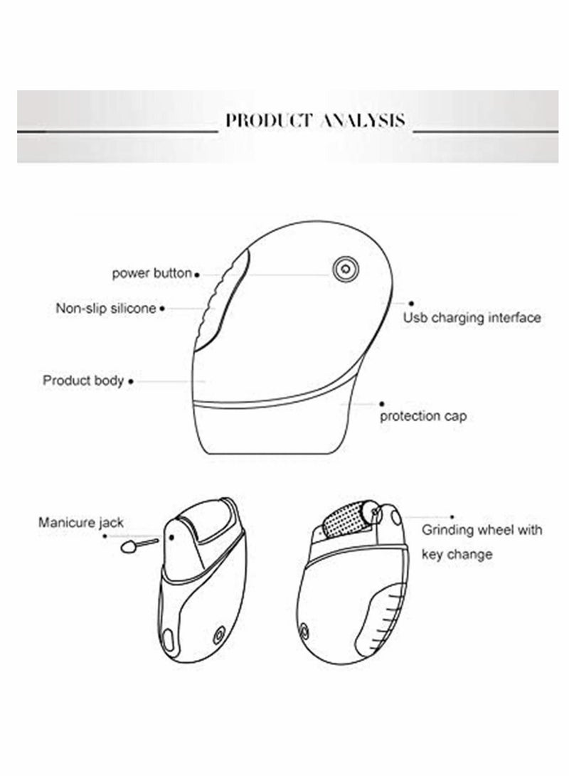 Electronic Foot File Rechargeable Callus Remover, Portable Pedicure Hard Skin Removal, Shaver for Dead Rough Dry with 3 Roller Heads and 2 Speeds