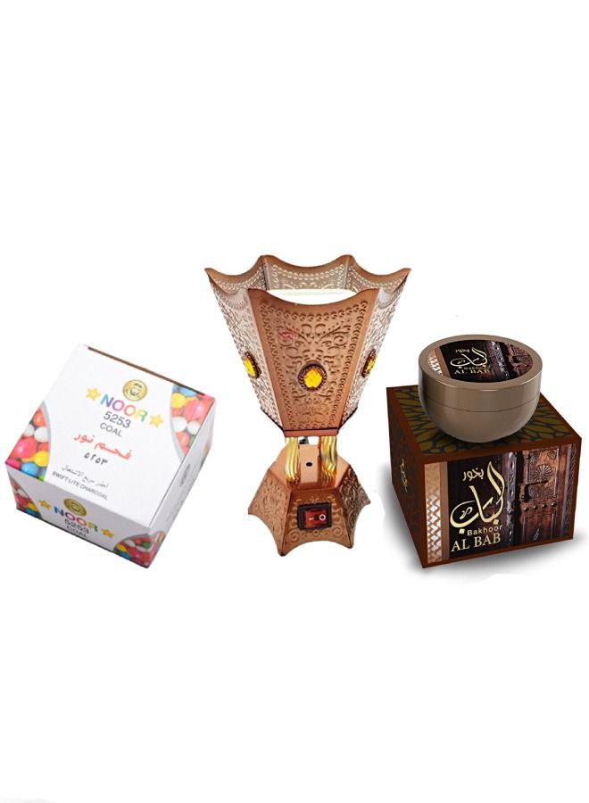 Ultimate Gift Set - Bakhoor Al Bab 70Gm | Noor 5253 Charcoal 80Pcs | Electric Incense Burner - (3Pcs Included)