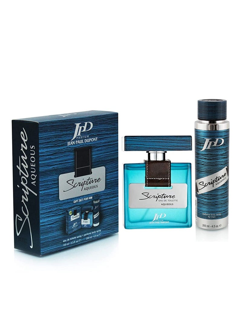JPD Parfum Jean Paul Dupont Scripture Aqueous Gift Set for Men | (Eau De Toilette Spray 100ml + Body Spray 200ml) Long Lasting Perfume Gift for Him