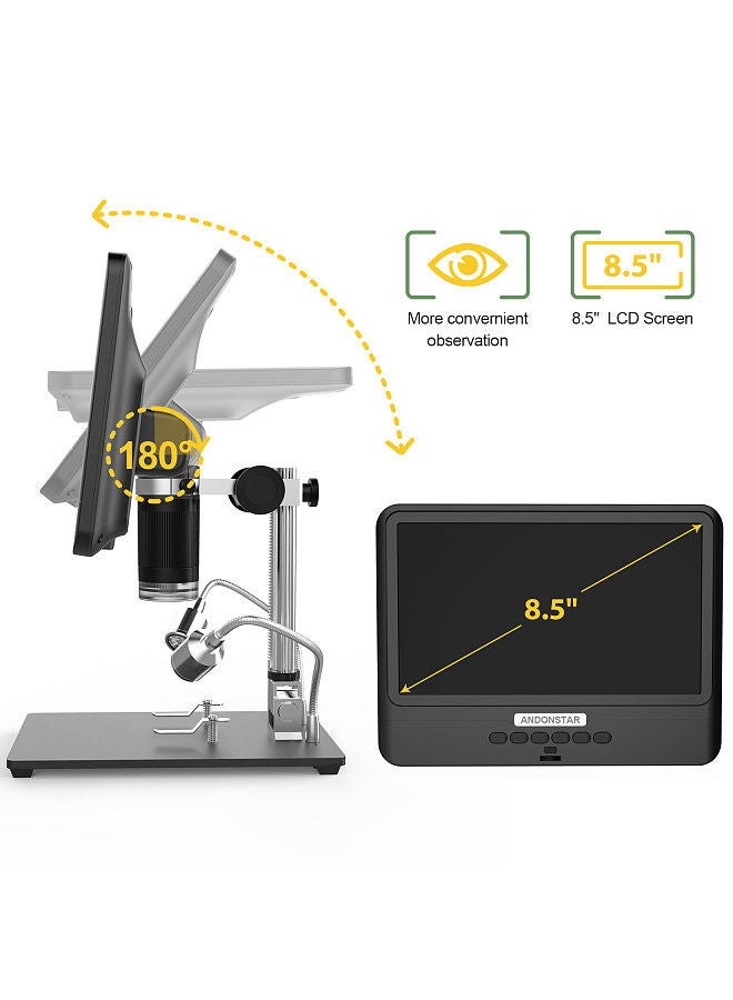 AD208S 8.5 Inch LCD Display Screen 5X-1200X Digital Microscope 1280 * 800 Adjustable 1080P Scope Soldering Tool with Two Fill Lights