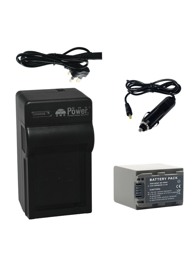 DMK Power NP-FP90 battery compatible with Sony Cameras Features Product Type :Li-ion Volts: 7.2V Capacity: 2200mAh Dimension: 45.60 x 31.70 x 45.50mm Weight:100g For compatible model more information