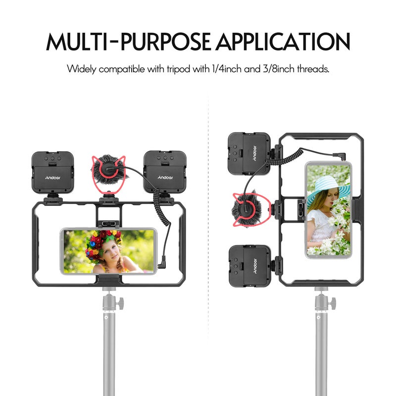Smartphone Video Rig Grip With Dual LED Light Microphone And Shock Mount Black