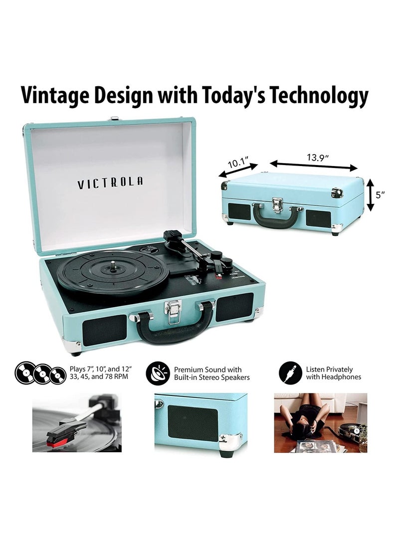 Victrola Journey Vintage Bluetooth Suitcase Vinyl Record Player Portable 3-Speed LP Turntable with Built-in Stereo Speakers Aux-In RCA Out Elegant Turquoise Color