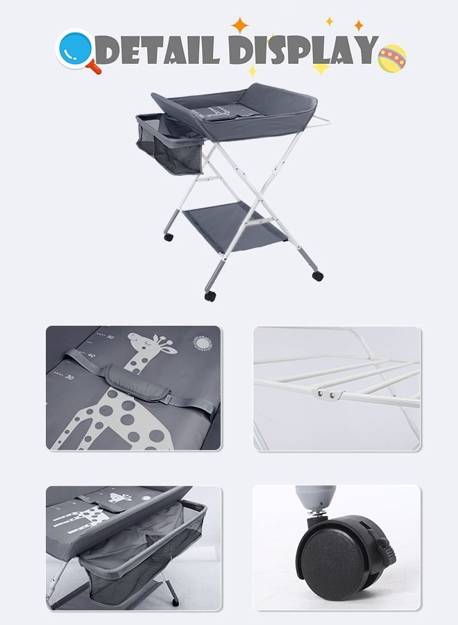 Baby Changing Table Adjustable Height Portable Folding Diaper Changing Station with Wheels Mobile Nursery Organizer with Large Storage Racks for Newborn Baby