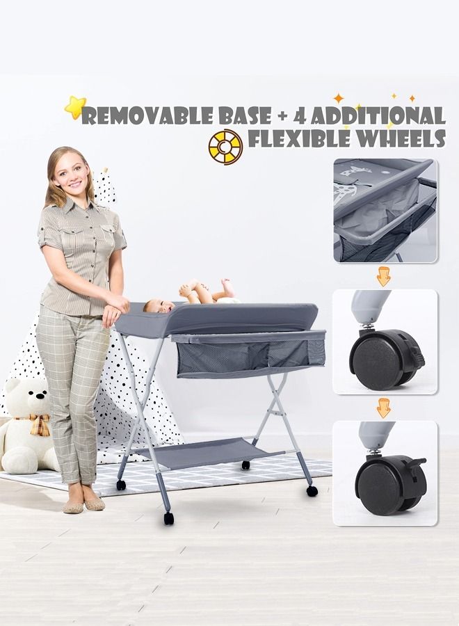 Baby Changing Table Adjustable Height Portable Folding Diaper Changing Station with Wheels Mobile Nursery Organizer with Large Storage Racks for Newborn Baby