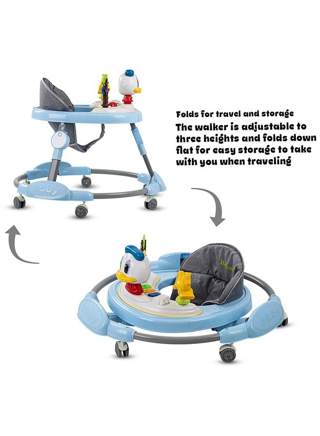 Kidzee Baby Walker Round Kids Walker For Baby With Foldable 3 Height Adjustable Removable Seat And Musical Toy Bar Baby Push Walker For Baby Boys Girls 6 To 18 Months Blue