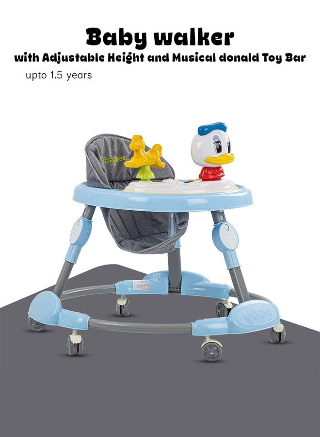 Kidzee Baby Walker Round Kids Walker For Baby With Foldable 3 Height Adjustable Removable Seat And Musical Toy Bar Baby Push Walker For Baby Boys Girls 6 To 18 Months Blue