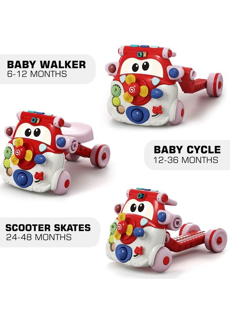 3-In-1 Baby Walker Kids Cycle And Scooter Skates With Musical Keyboard - Red