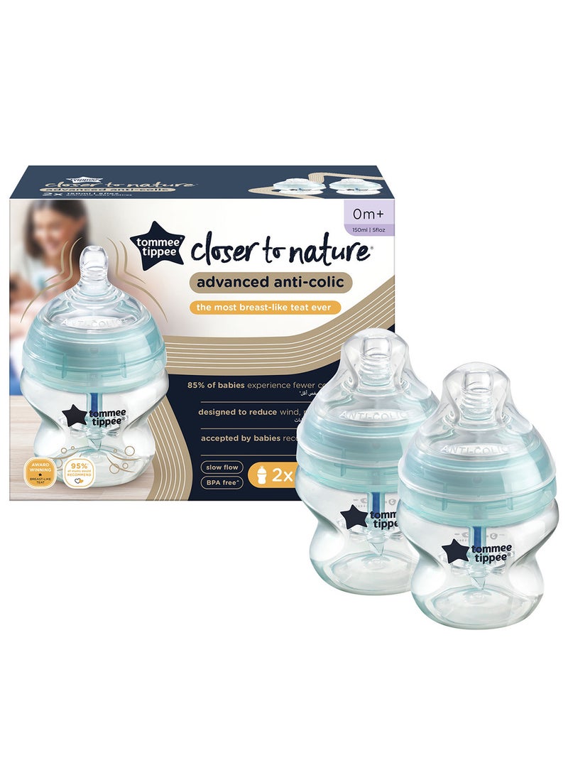 Pack Of 2 Advanced Anti-Colic Baby Bottles, Slow-Flow Unique Venting System 0 Months+ 150 ml Clear