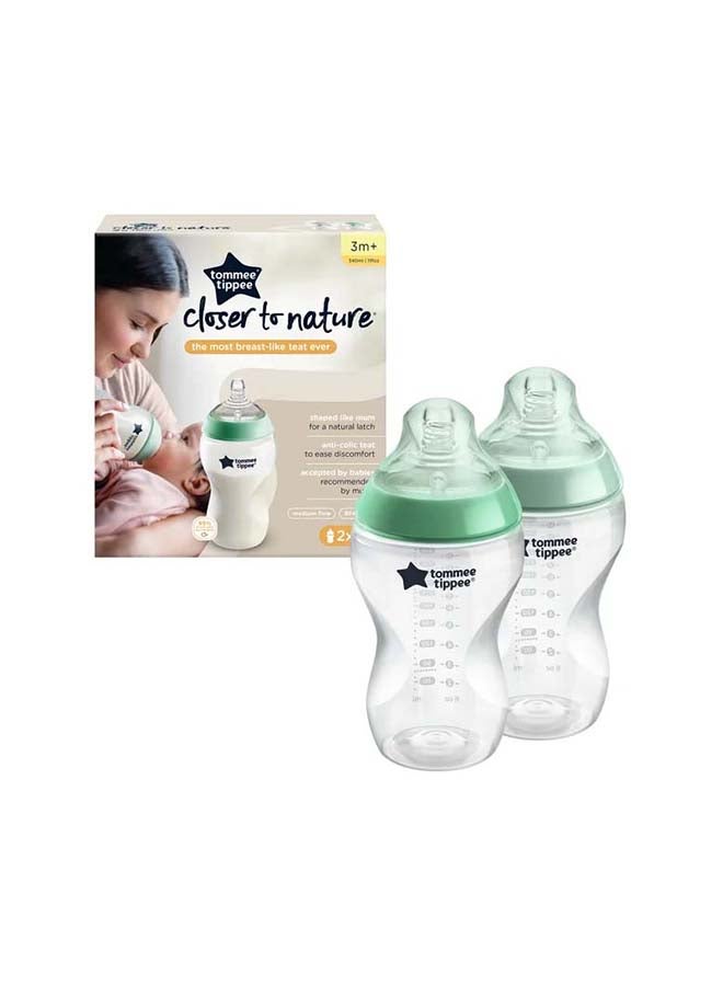 Pack Of 2 Closer To Nature Baby Bottles, Medium-Flow Teat With Anti-Colic Valve 3 Months+, 340 ml, White