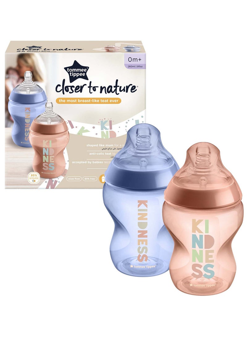 Pack Of 2 Closer To Nature Baby Bottles, Slow-Flow Anti-Colic Valve 0 Months+ 260 ml Multicolor